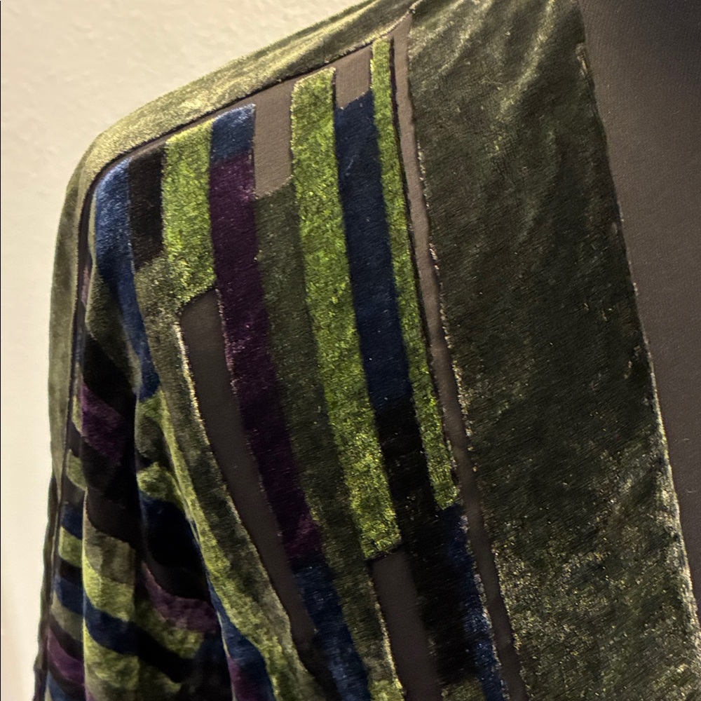 Cocoon House Velvet Burnout Stripe Open Front Cardigan in Olive, Navy & Plum